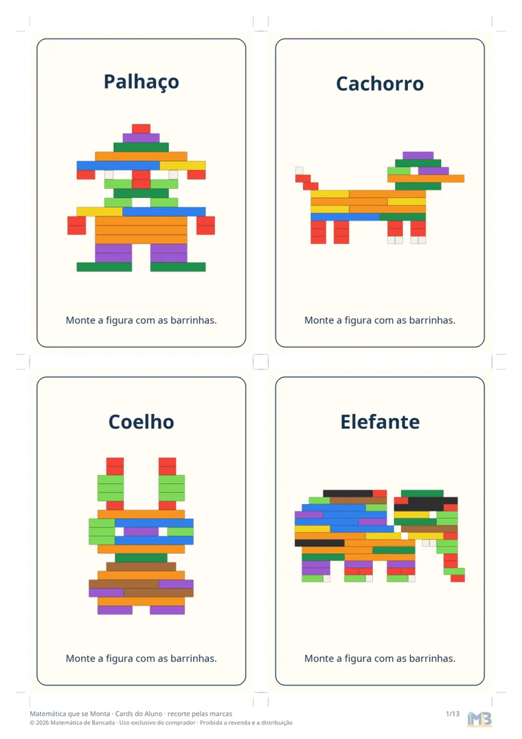 Folha A4 com quatro cards: palhaço, cachorro, coelho e elefante
